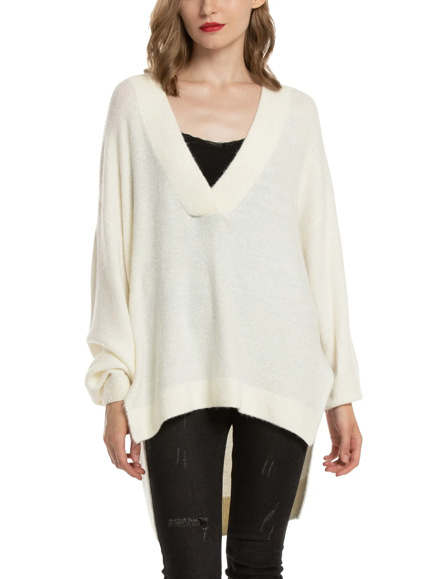 Women'S V Neck Oversized Loose Knit Sweater