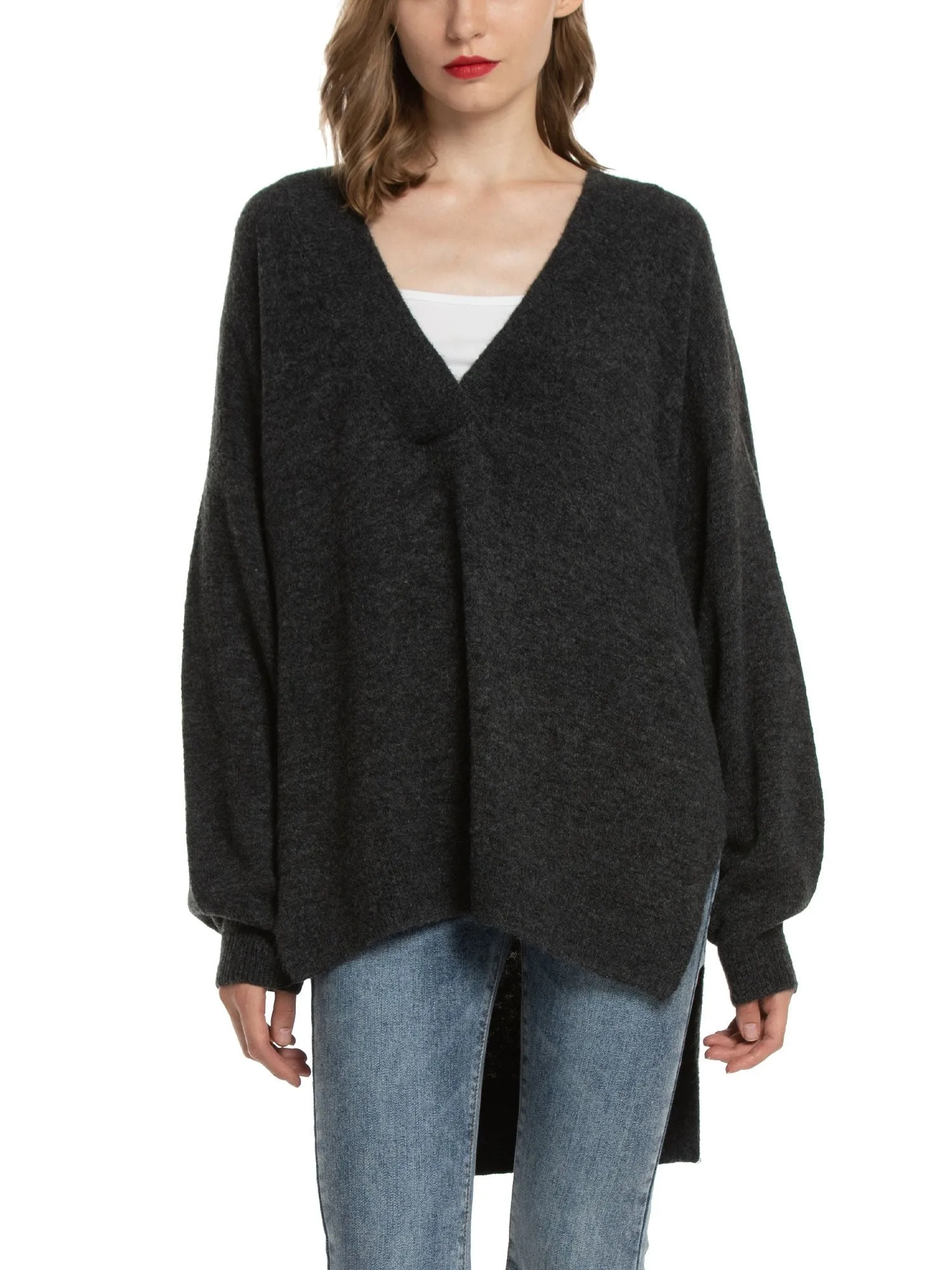 Women'S V Neck Oversized Loose Knit Sweater
