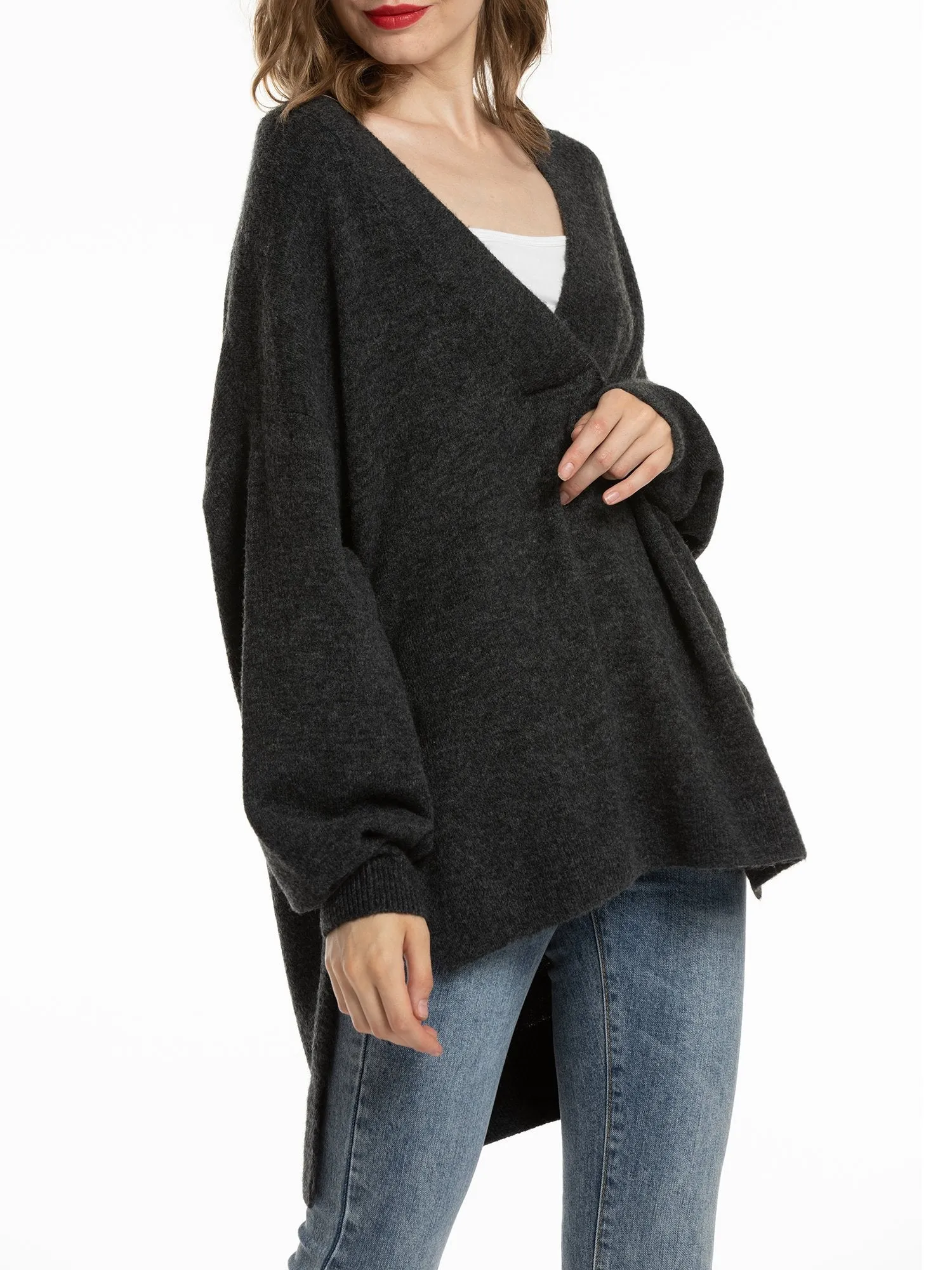 Women'S V Neck Oversized Loose Knit Sweater
