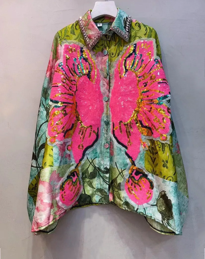 XIWYINSHE Thai Fashion Brand  Spring New Retro Printed Shirt Women's Clothing Beaded Sequins All-Matching Loose Shirt Outerwear