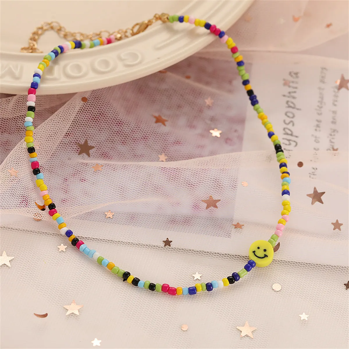 Yellow Howlite & 18K Gold-Plated Smiley Face Beaded Necklace